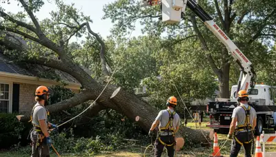Emergency tree service crew removing storm-damaged trees in Overland Park, KS