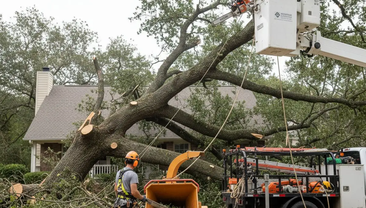 Emergency tree service crew removing storm-damaged tree in Overland Park, KS
