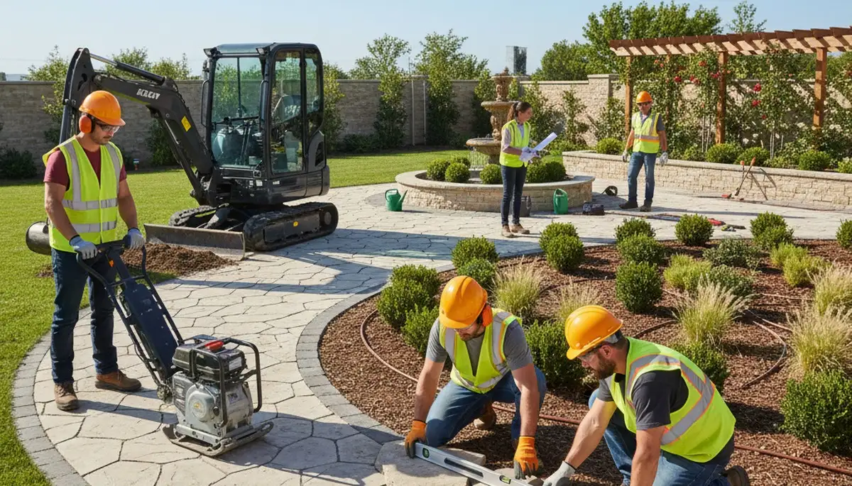 Landscape design team planning an outdoor space in Overland Park, KS for a tree service business