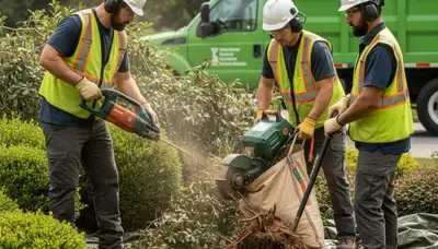 Overland Park, KS tree service crew removing overgrown shrubs from a residential yard