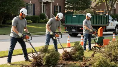 Overland Park, KS shrub removal crew clearing overgrown bushes and roots on a residential property