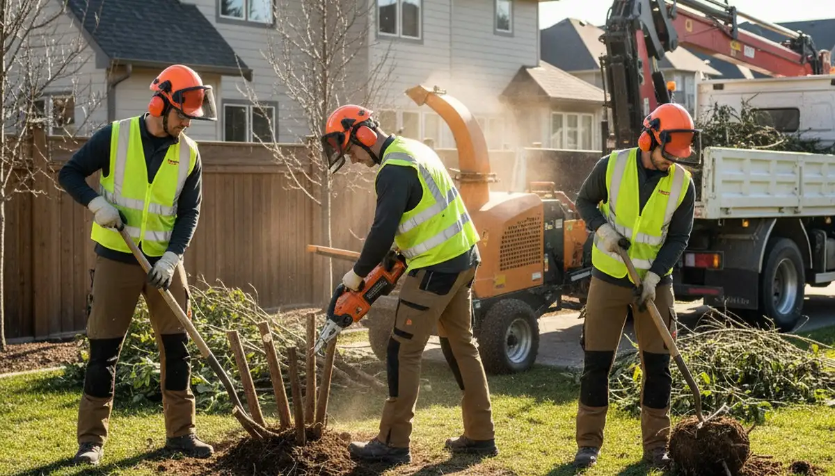 Overland Park, KS tree service crew removing overgrown shrubs from a residential yard