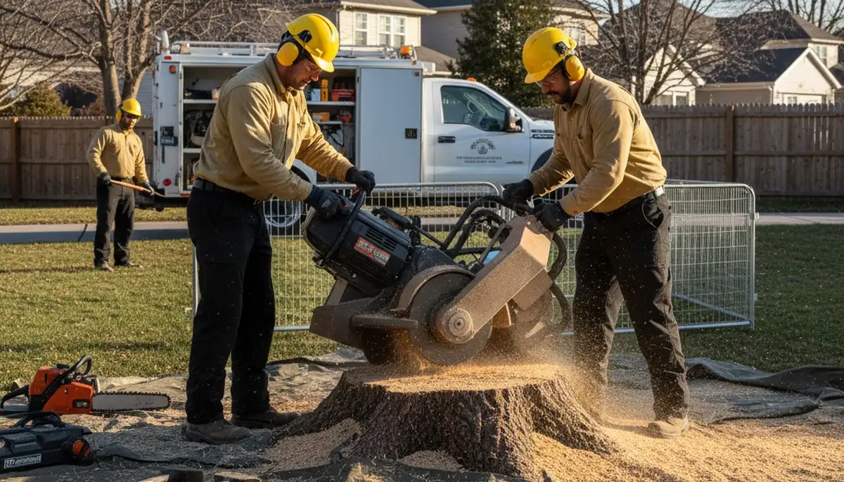 Stump removal crew in Overland Park, KS cleaning up a yard after safe stump grinding