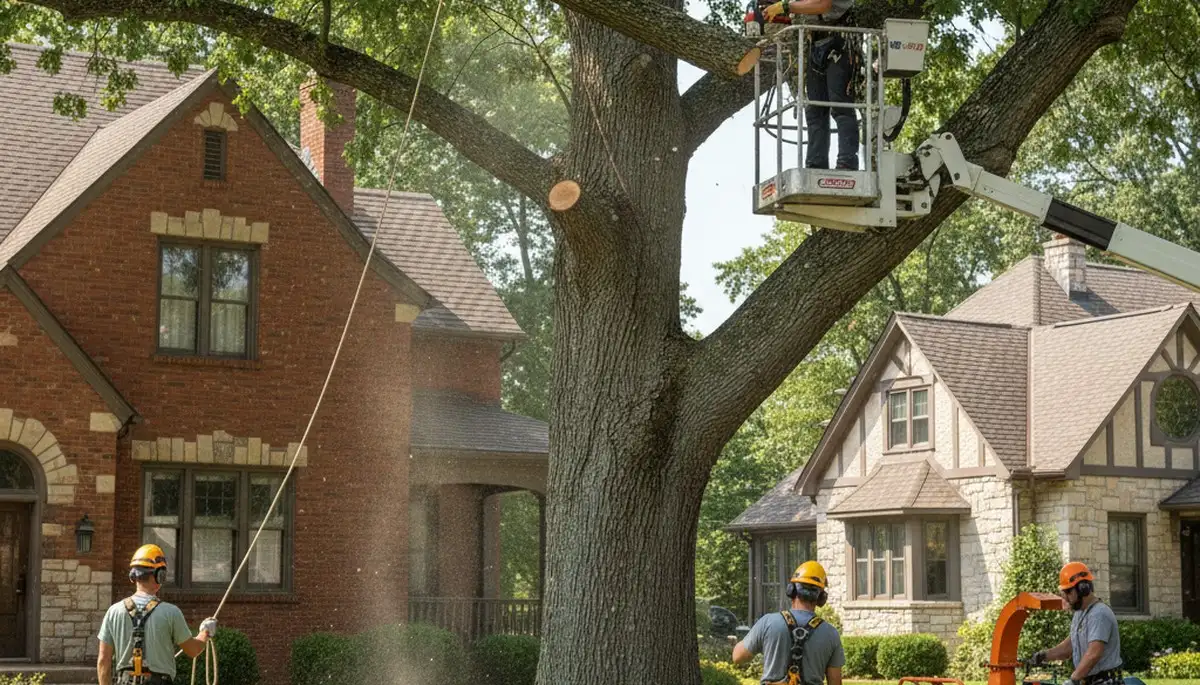 Tree service crew in Overland Park, KS removing a tree for safe residential property care