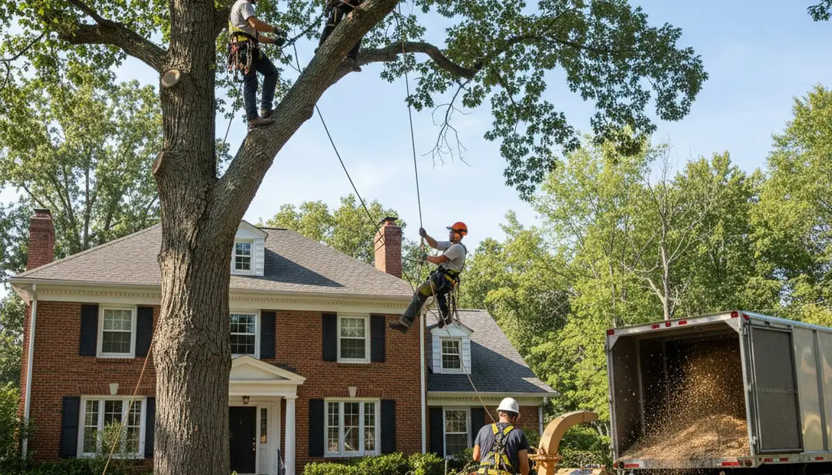 Tree service crew in Overland Park, KS removing a tree for safe property clearance
