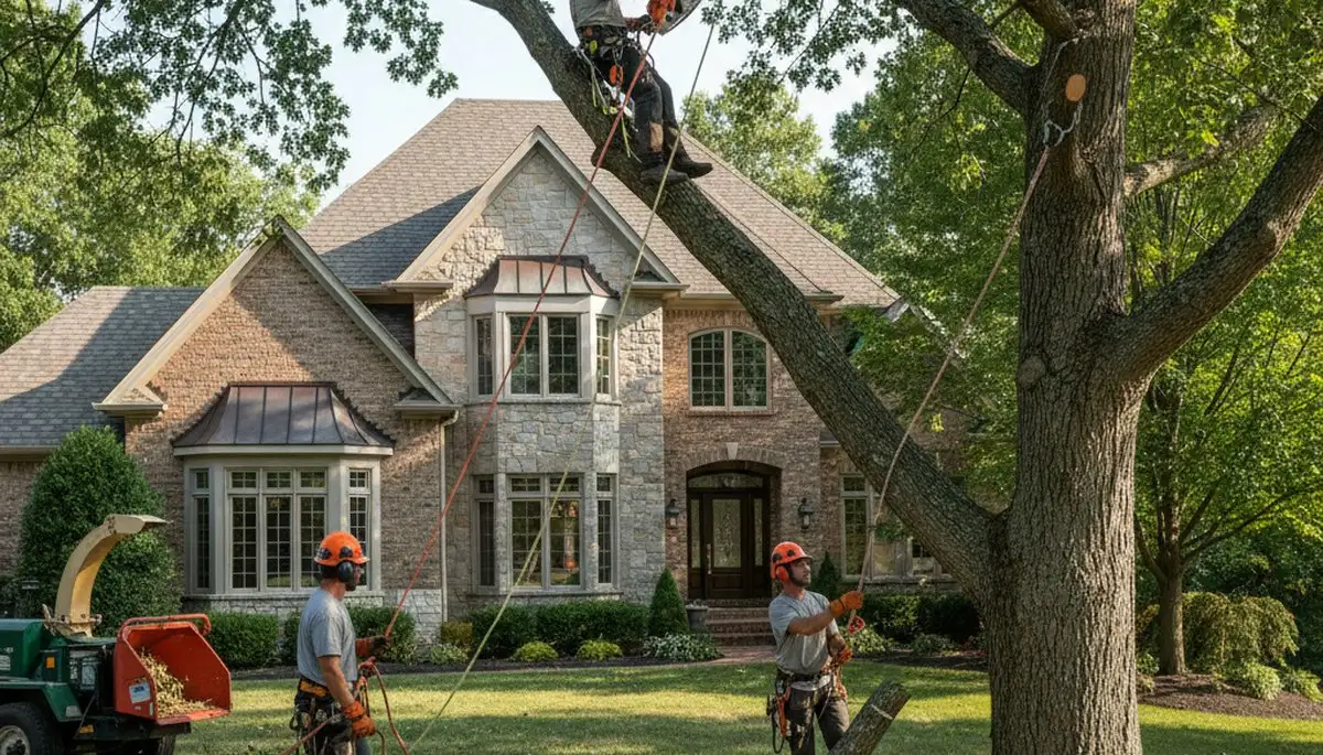 Tree service crew in Overland Park, KS removing a tree for a residential property