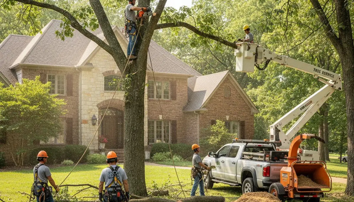 Overland Park, KS tree removal crew safely cutting down a tree for residential service