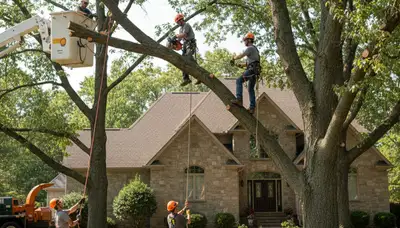 Tree service crew removing a tree in Overland Park, KS