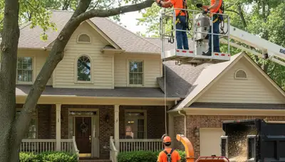 Tree service crew in Overland Park, KS removing a tree for a residential property